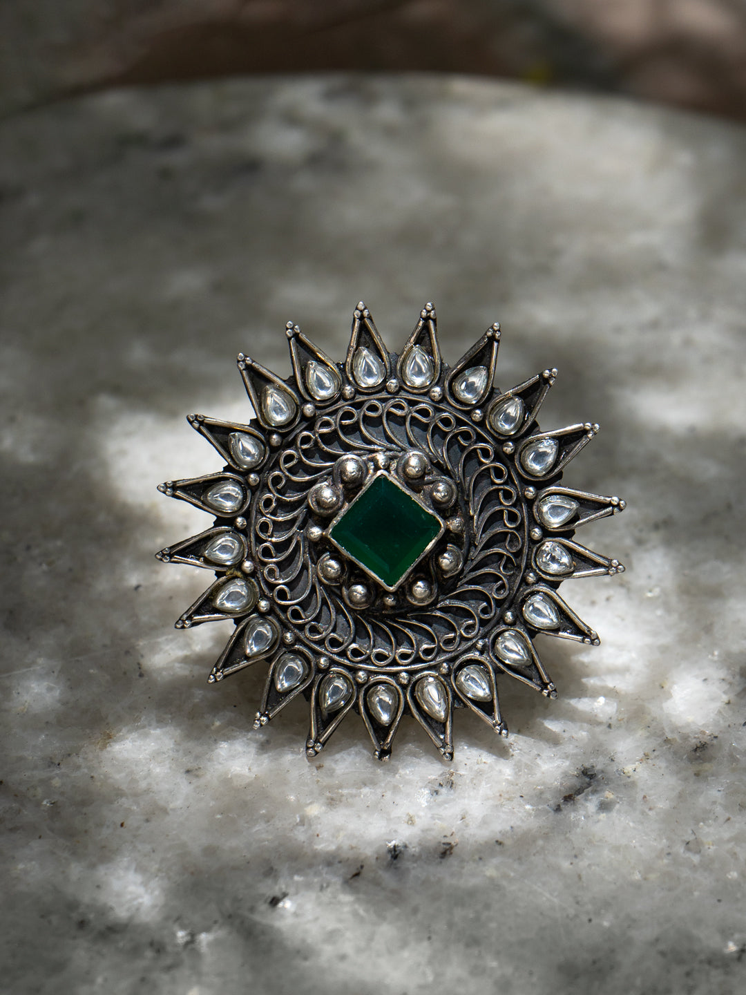 Star Silver Ring with Kundan and Green Onyx