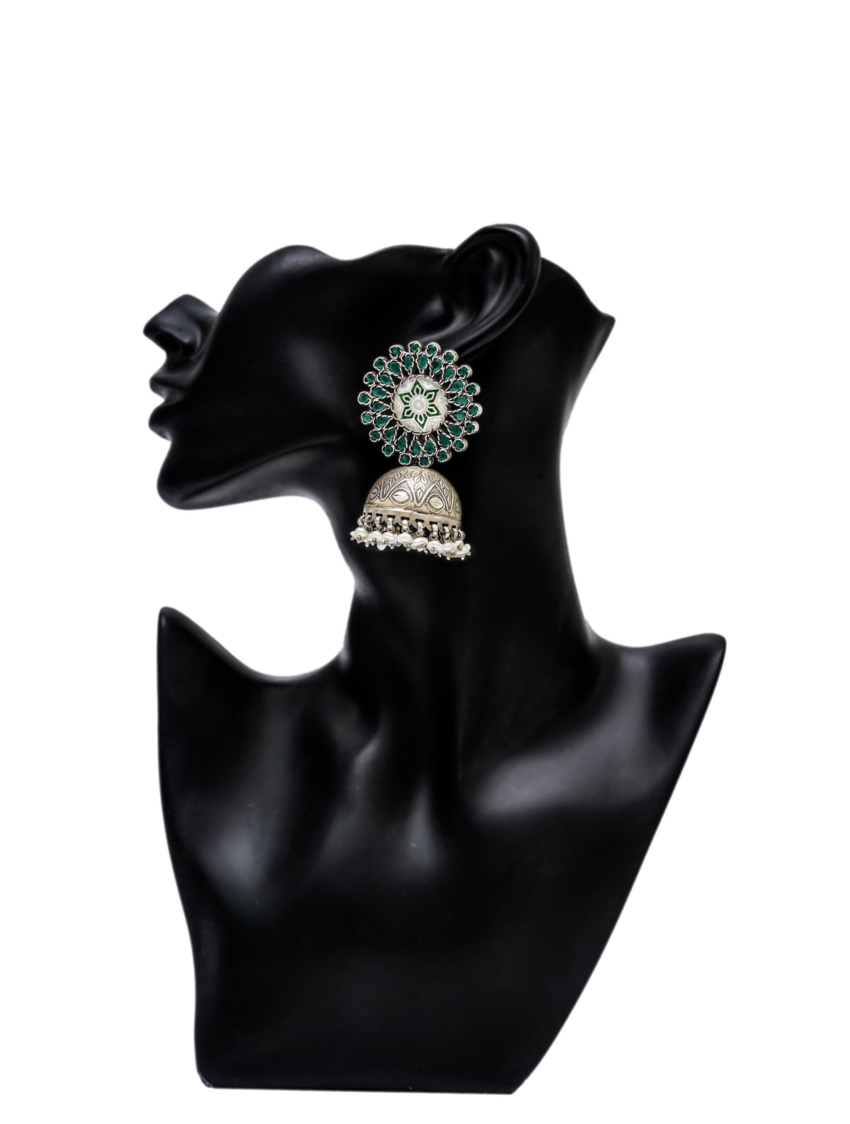 925 Silver Meenakari Jhumki Earrings with Natural Green Stones view 3