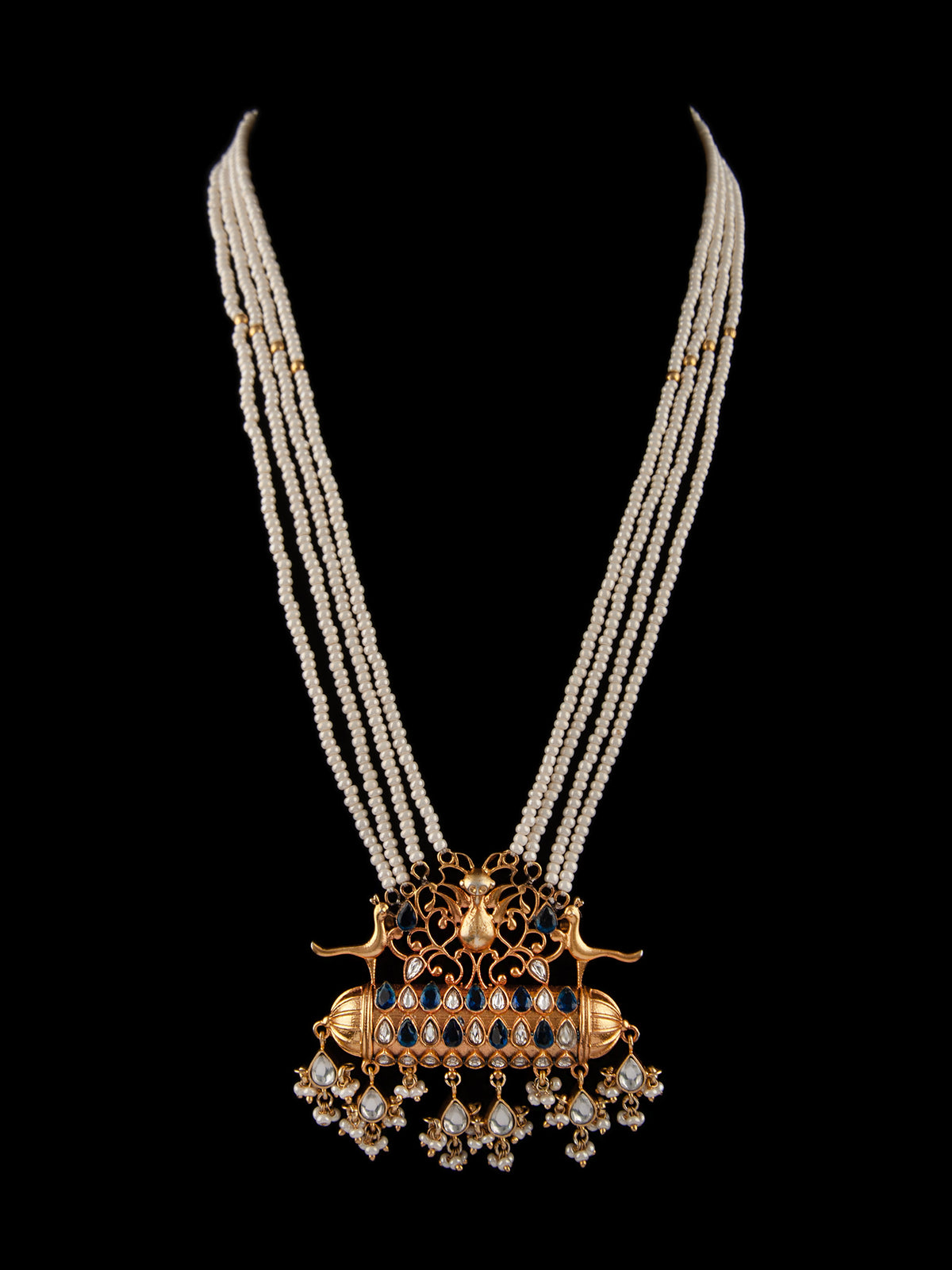 925 Sterling Silver 22K Gold Plated Pearl Beaded Necklace With Blue and White Kundan view 6