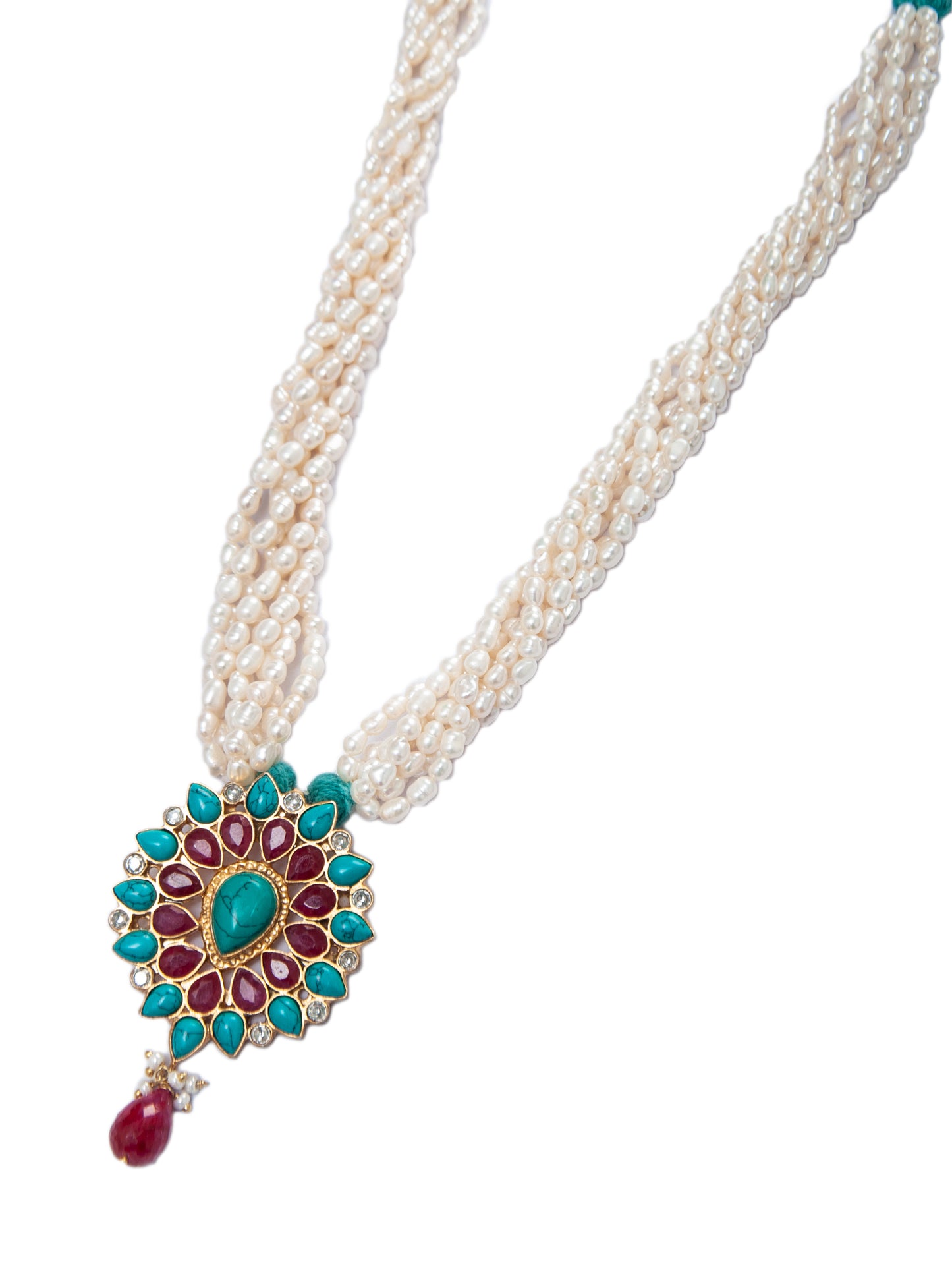 925 Sterling Silver 22K Gold Plated Pearl Beaded Necklace With  Turquoise and Ruby Gemstone