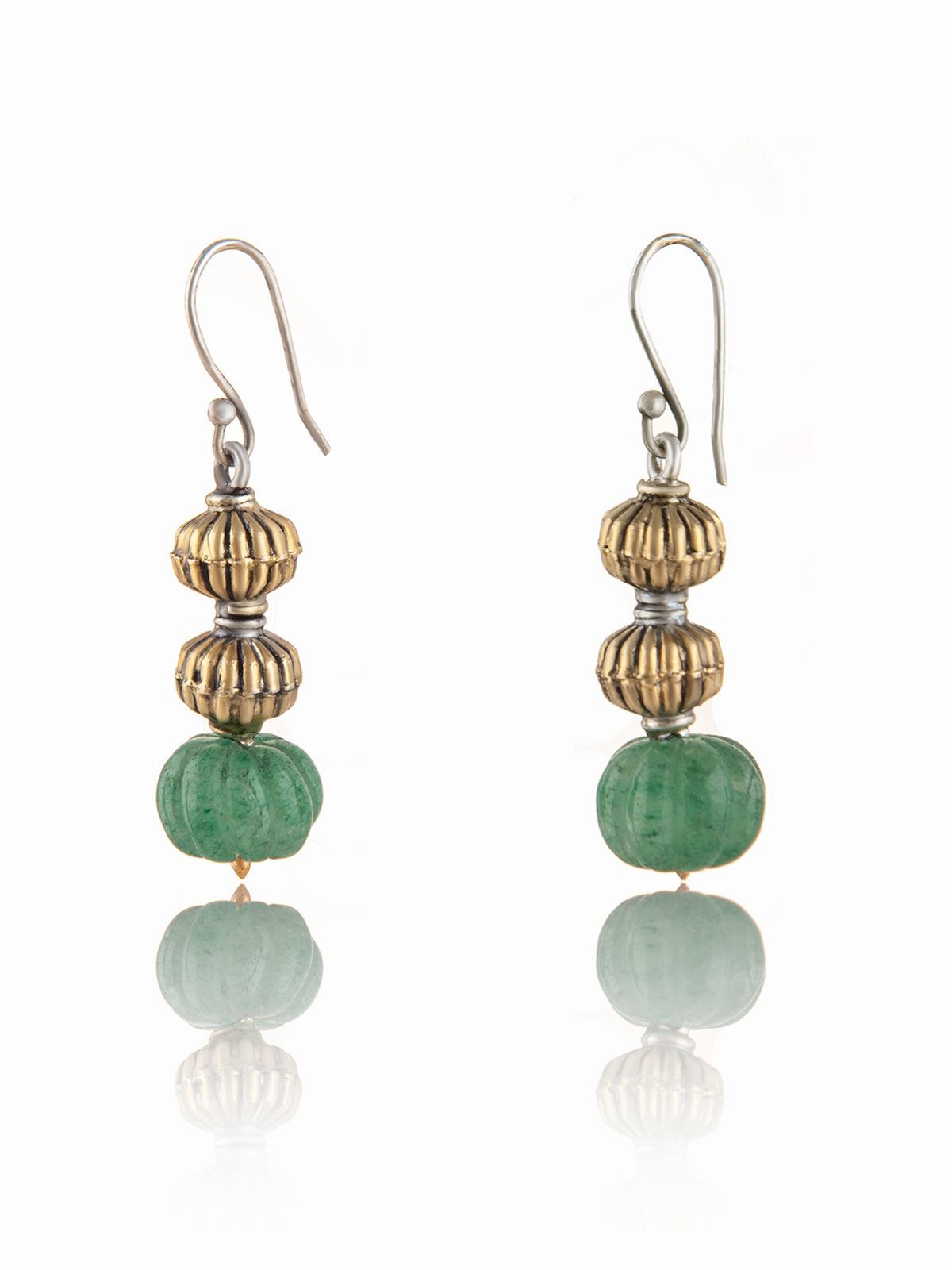 925 Sterling Silver Two Tone Bead Earrings with Melon Cut Green Onyx view 3