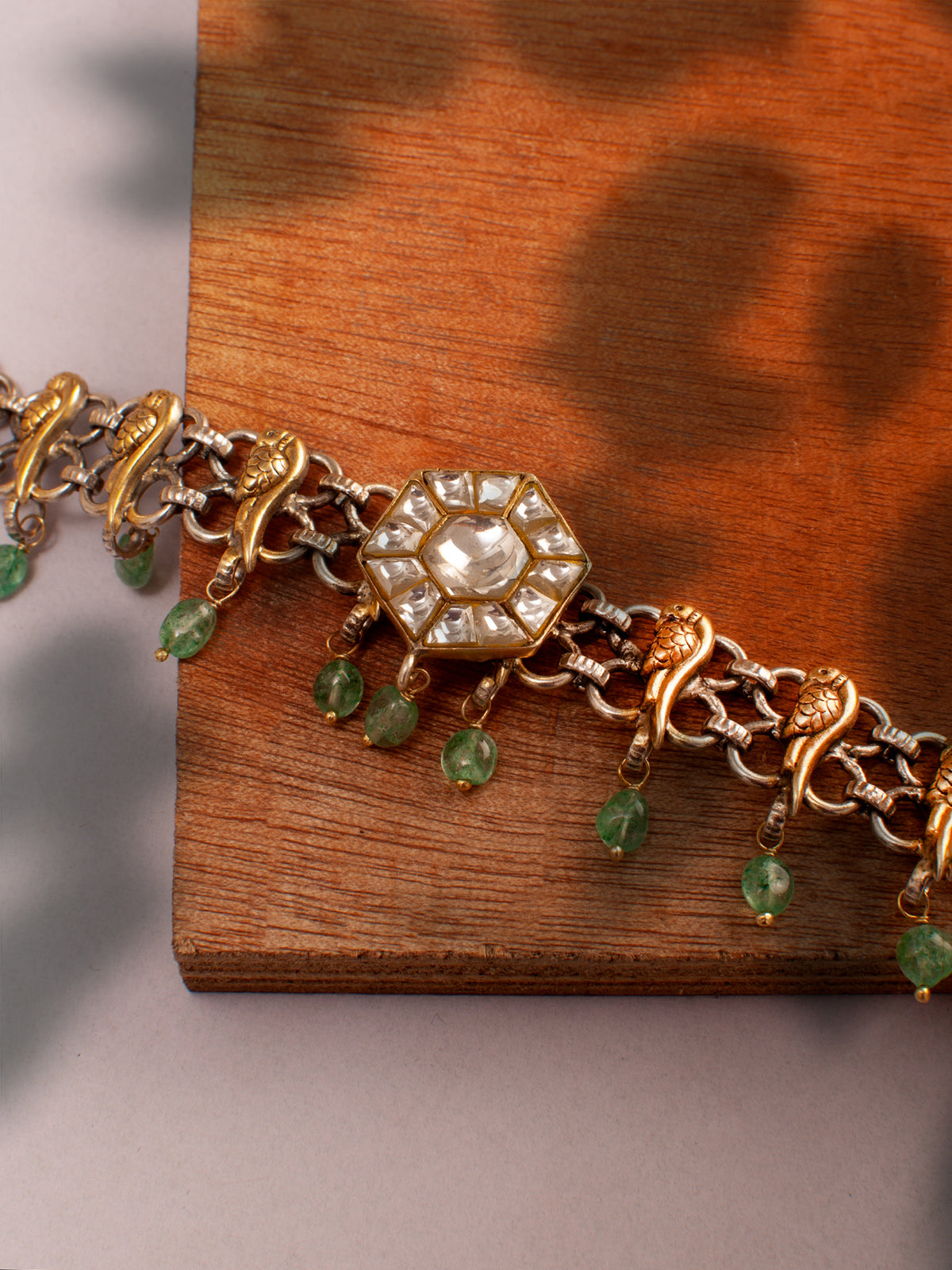 925 Sterling Silver Two Tone 22K Gold Plated Necklace With Strawberry Quartz and White Kundan view 6