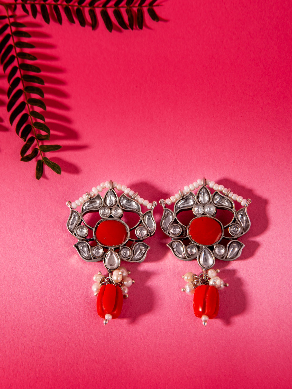 Silver Coral Kundan Earrings with Drop view 2
