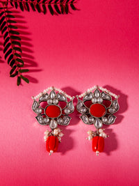 Silver Coral Kundan Earrings with Drop view 2
