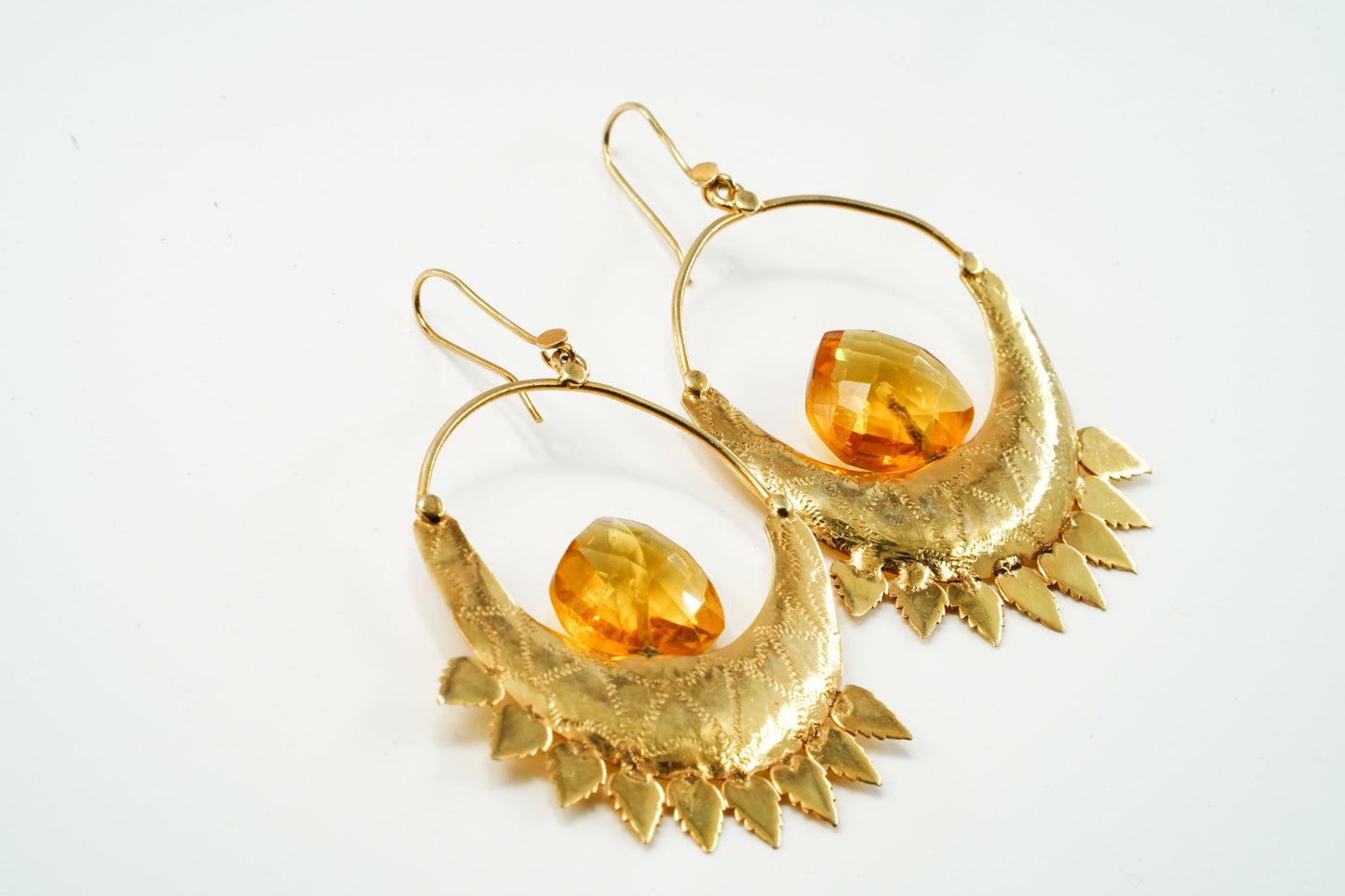 Gold Half Moon Earring with Yellow Stone - Neeta Boochra Jewellery