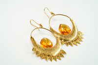 Gold Half Moon Earring with Yellow Stone view 2
