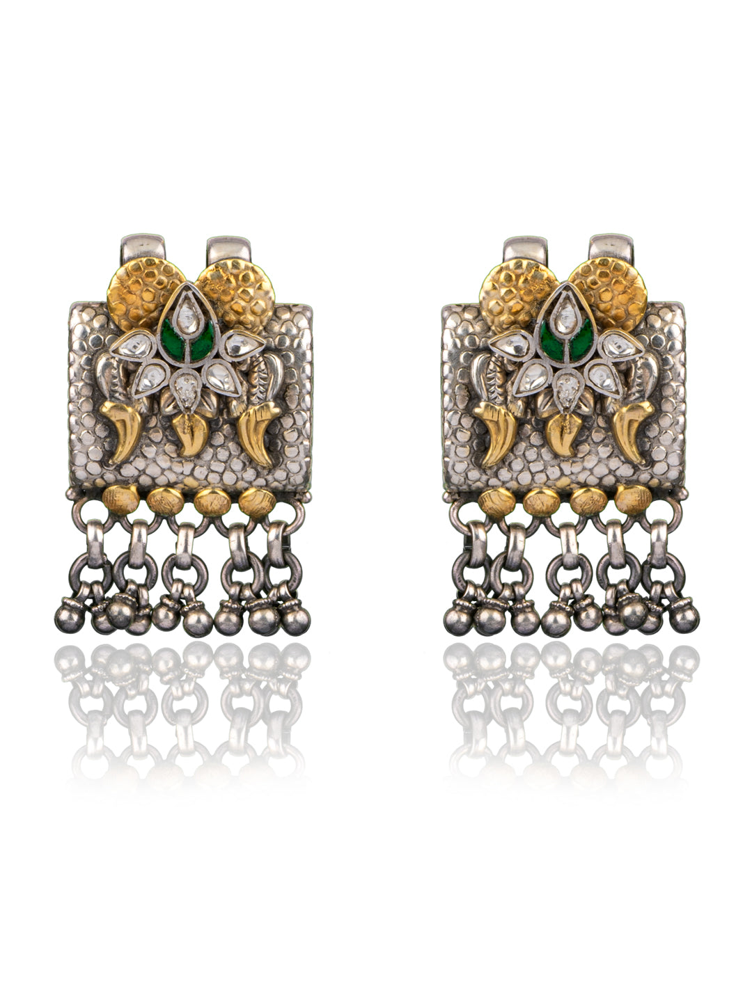 925 Sterling Silver Two Tone Twin Peacock Textured Earrings view 1
