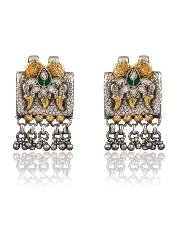 925 Sterling Silver Two Tone Twin Peacock Textured Earrings