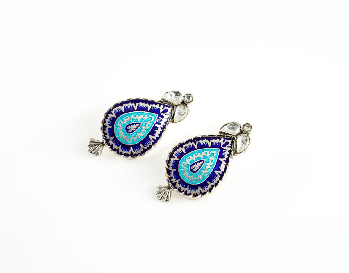 Aqua and Navy Blue Meenakari Kundan Earrings view 3