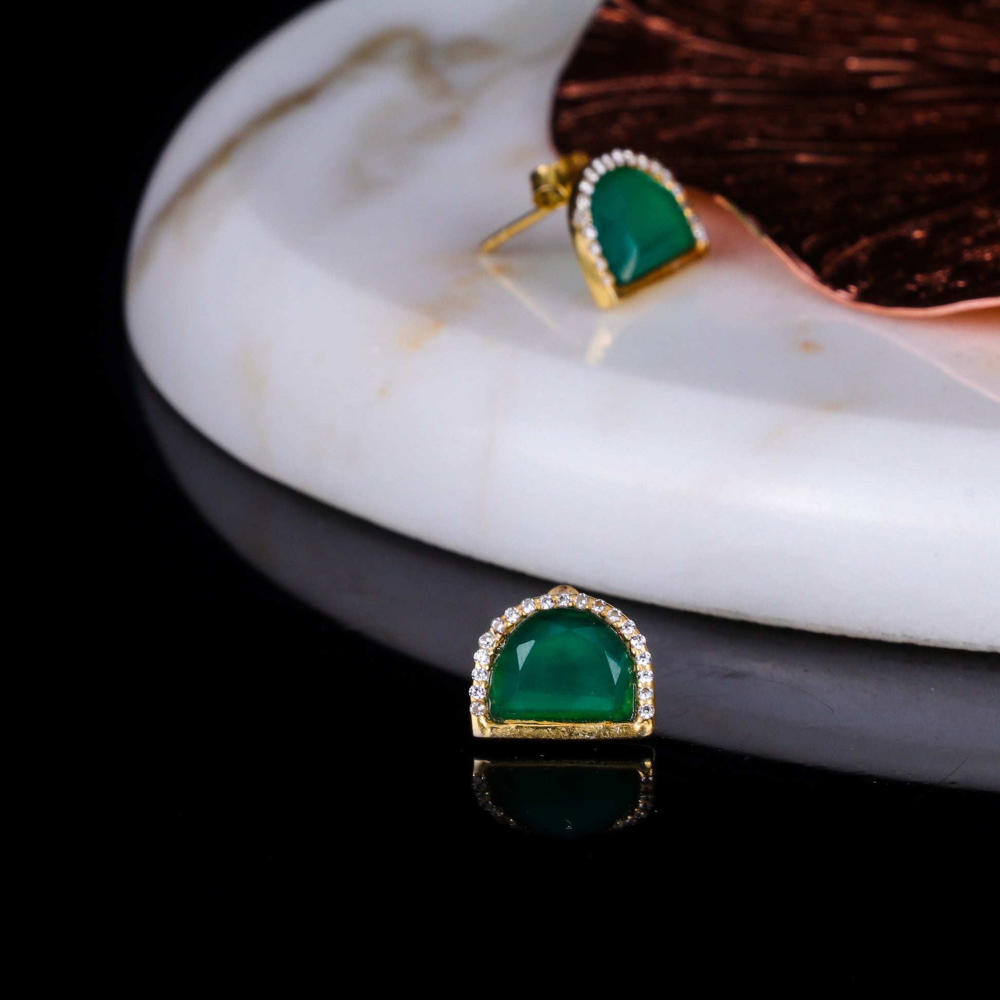 925 Silver Gold Plated Green Onyx Studs - Neeta Boochra Jewellery