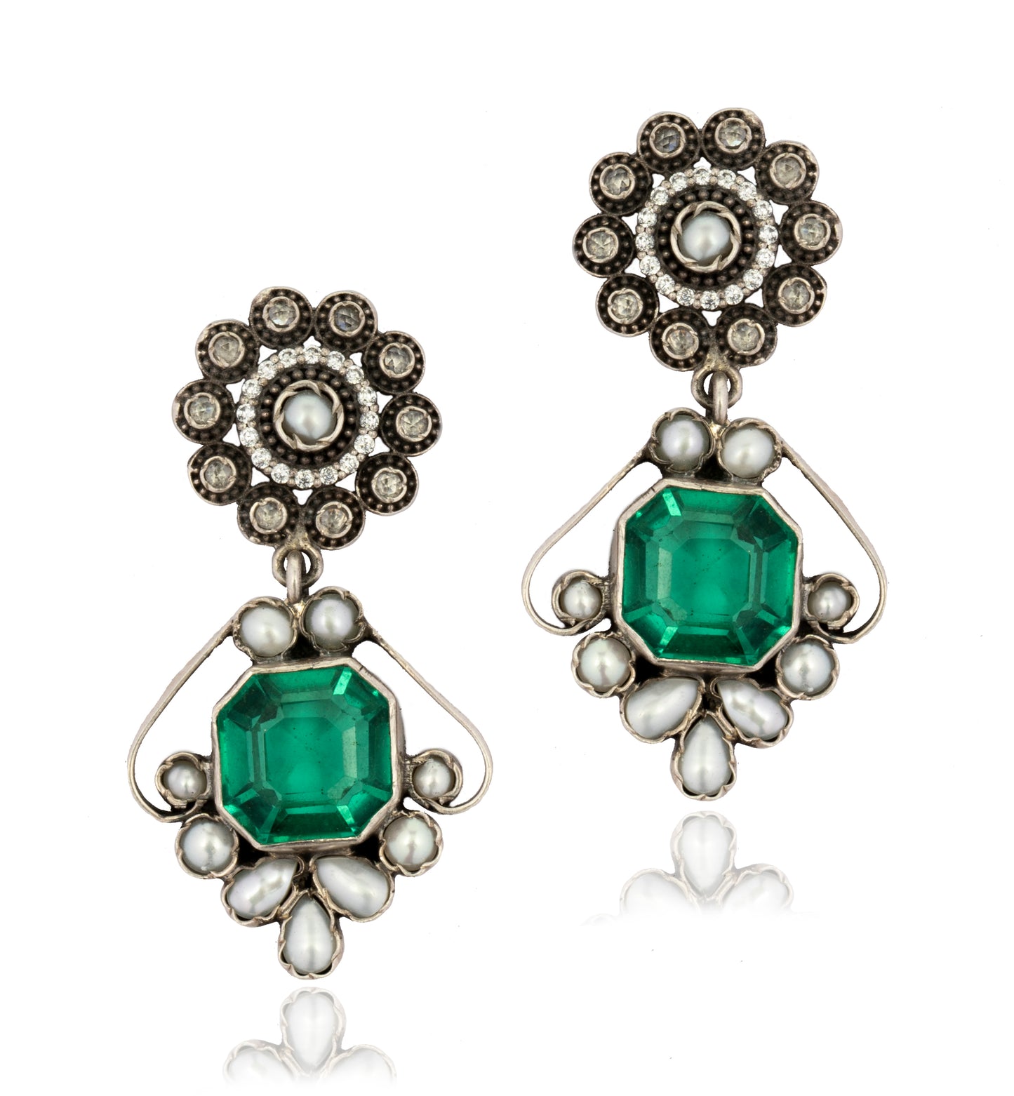 925 Sterling Silver Earrings with Green Gemstone and Pearls