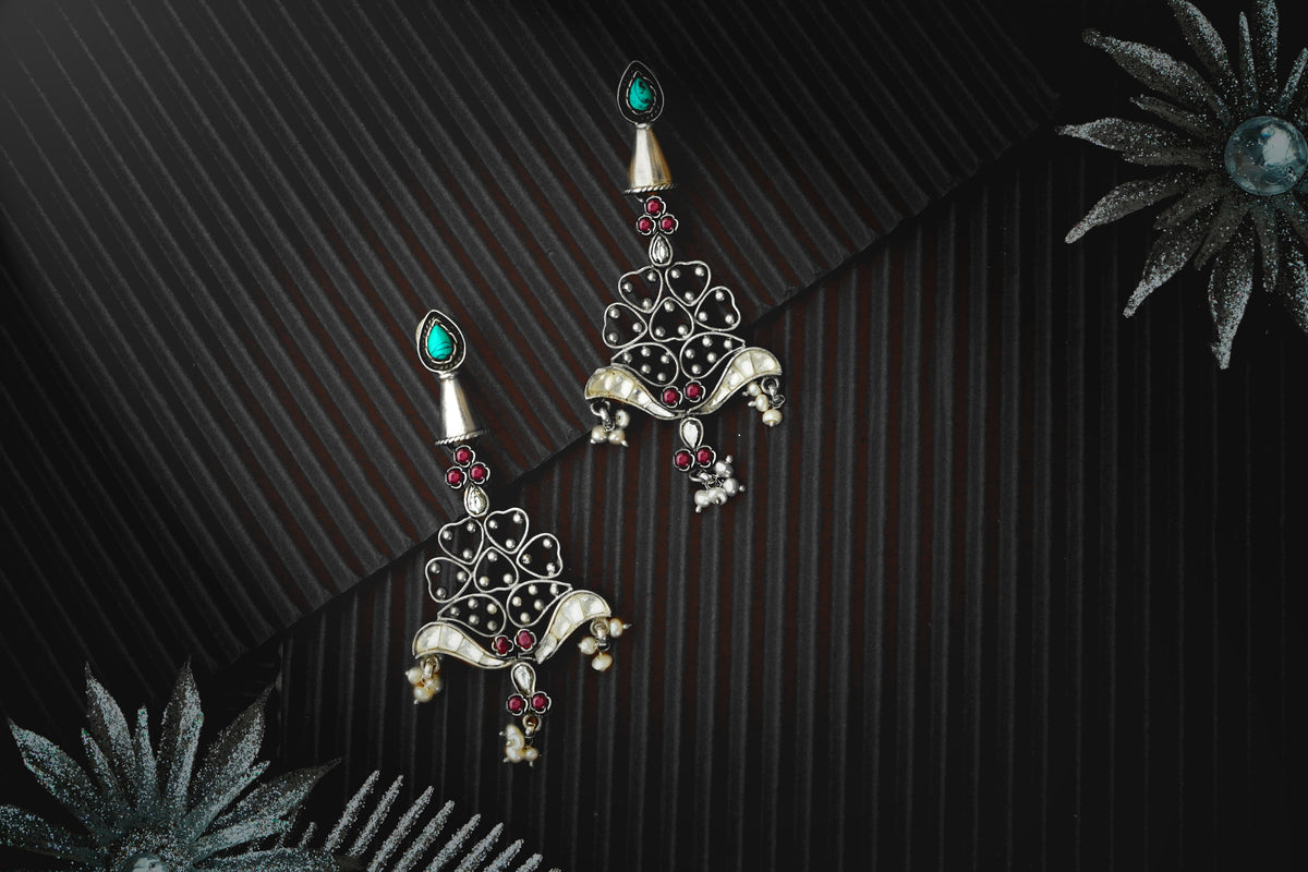Silver Fusion Earrings with Kundan view 1
