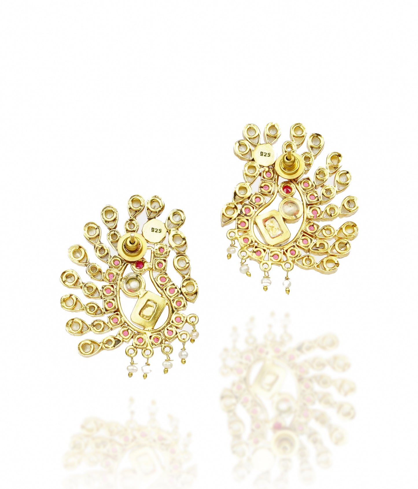 925 Silver Gold Plated Peacock Earrings with Checker Stones - Neeta Boochra Jewellery