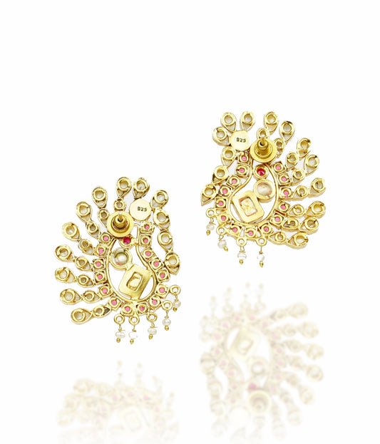 925 Silver Gold Plated Peacock Earrings with Checker Stones - Neeta Boochra Jewellery