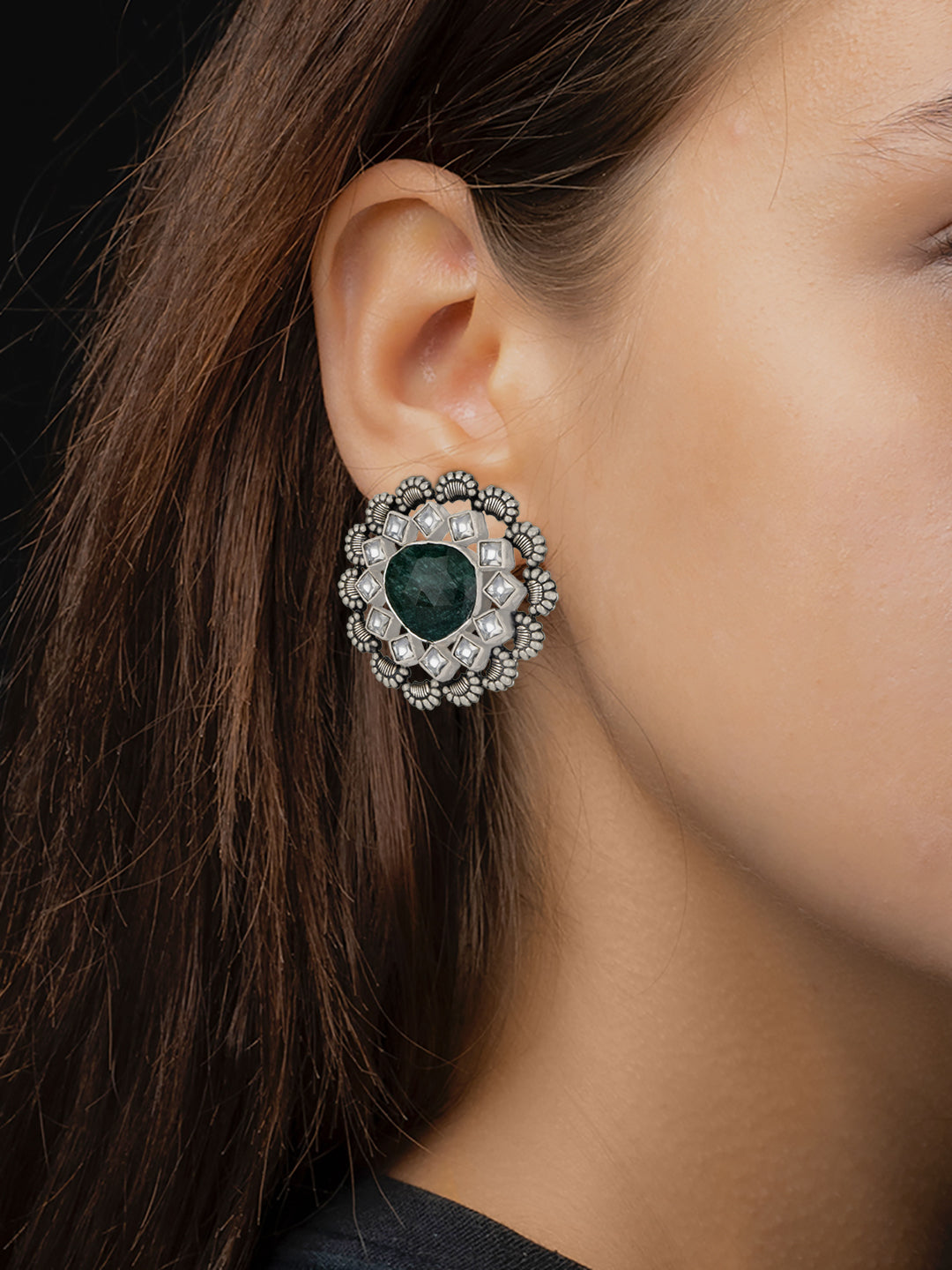 Intricate Kundan Studs with Sapphire Gemstone view 2