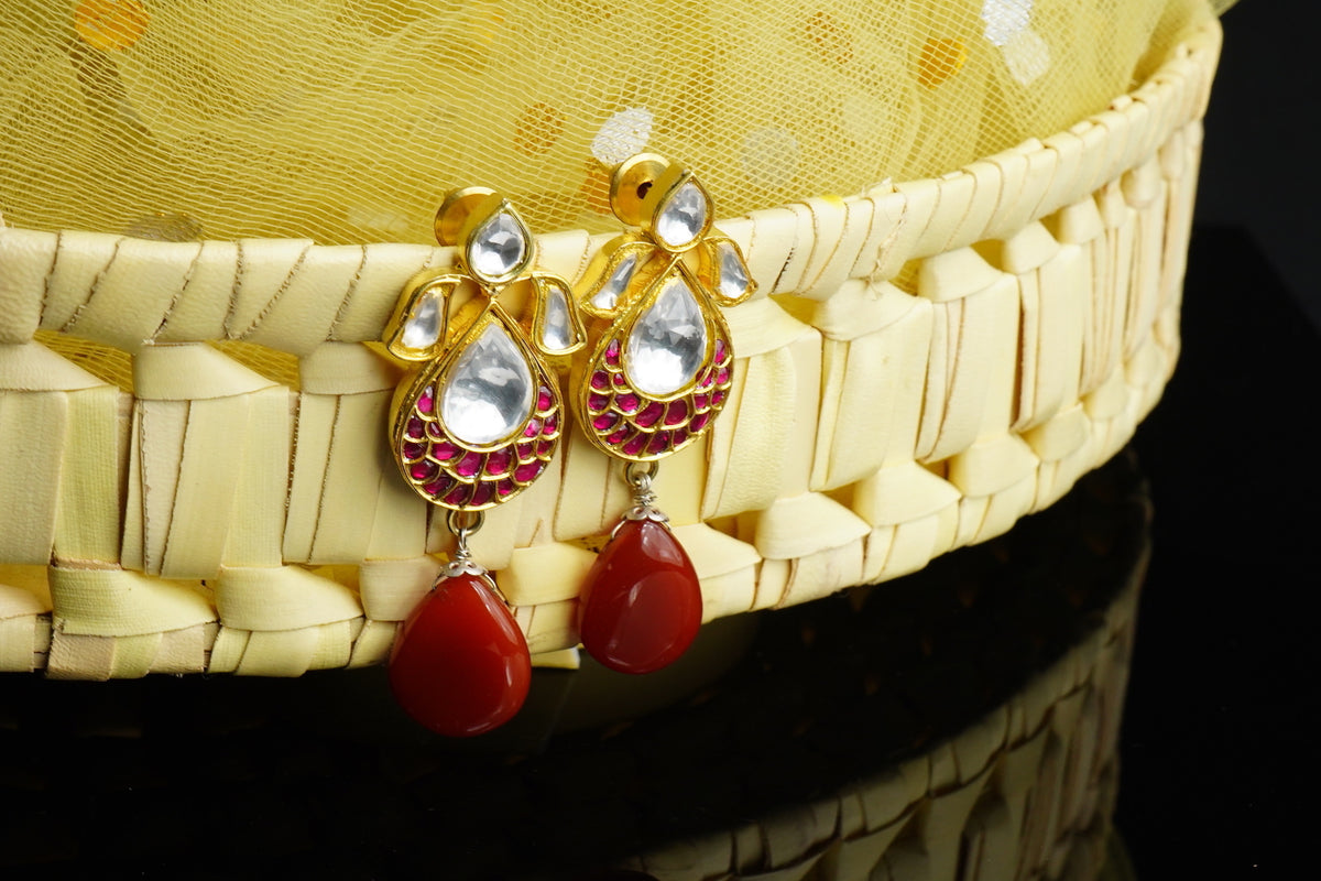 925 Silver Gold Plated Silver and Red Kunan Earrings with Drop view 5