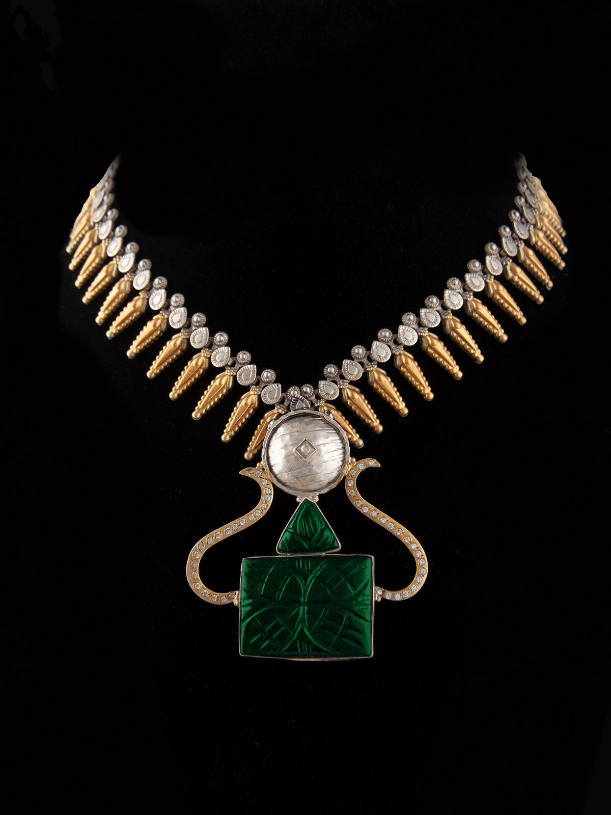 925 Sterling Silver Two Tone 22K Gold Plated Necklace with Green Stone view 4