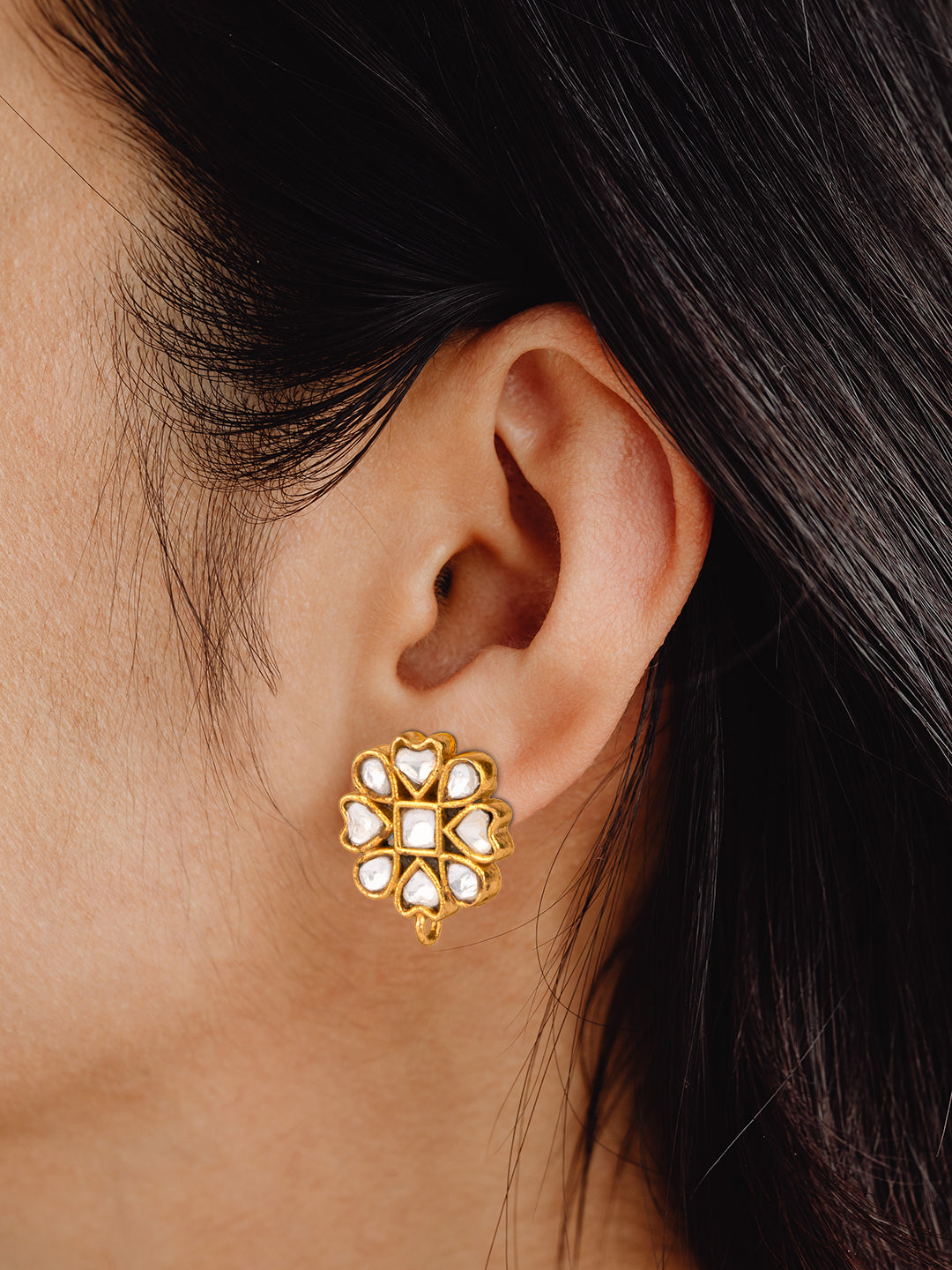 925 Sterling Silver Gold Plated Floral Studs with Kundan view 2