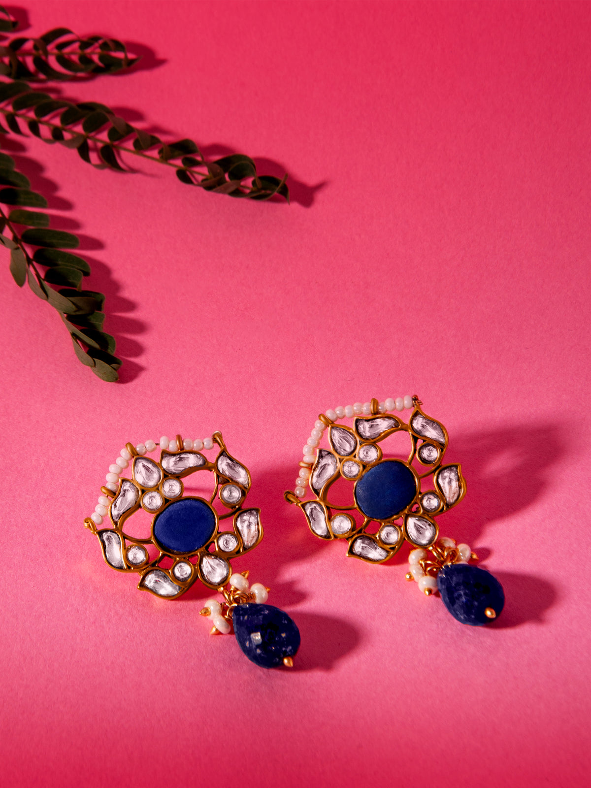 Silver Blue Lapis Kundan Earrings with Drop view 2