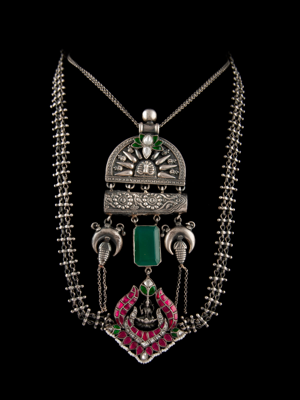 925 Sterling Silver Necklace With Green Onyx Gemstone and Green, Pink and White Kundan view 5