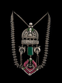 925 Sterling Silver Necklace With Green Onyx Gemstone and Green, Pink and White Kundan view 5