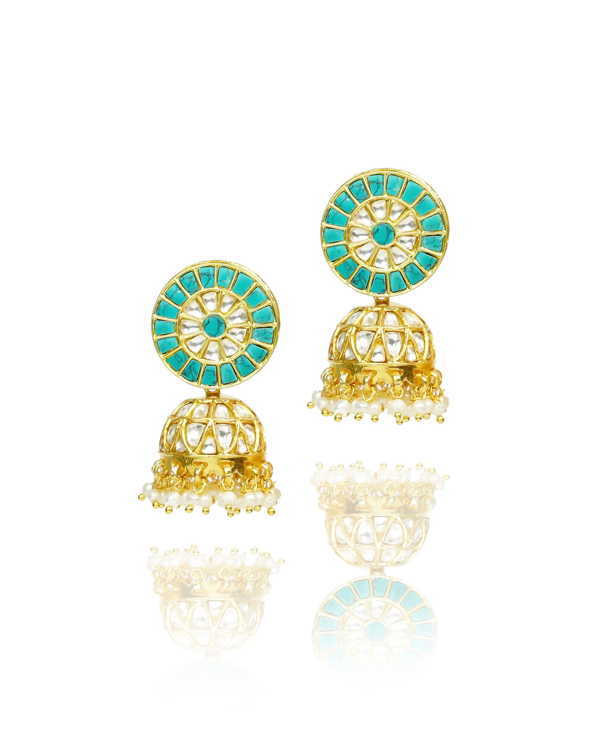 925 Silver Gold Plated Turquoise and Kundan Earrings with Kundan Jhumki view 1