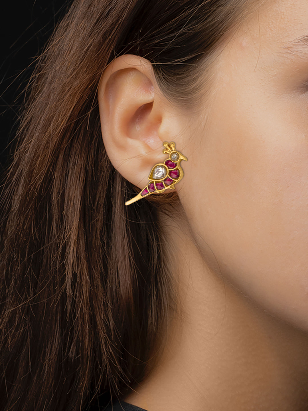 Red and White Kundan Small Peacock Studs view 2