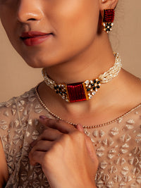 Svarnam Moissanite Red Carved Stone Choker view 4