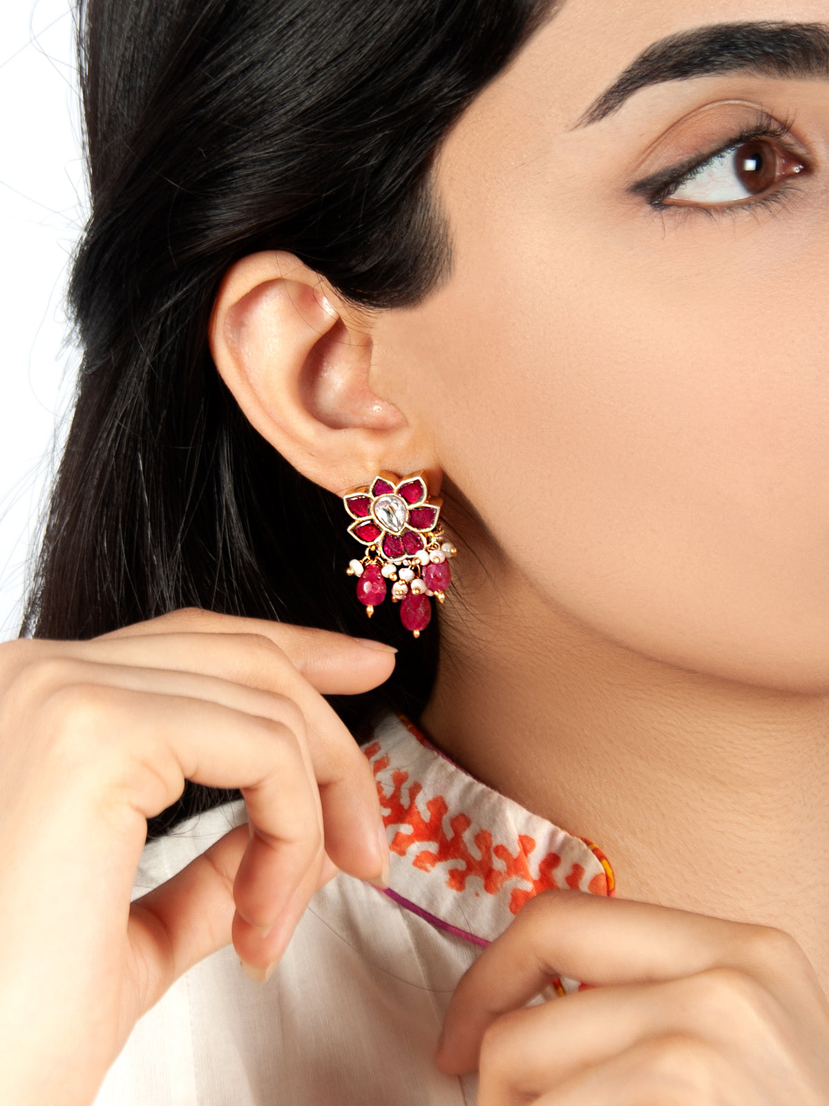 925 Sterling Silver Gold Plated Floral Kundan Earrings with Ruby Drops view 1