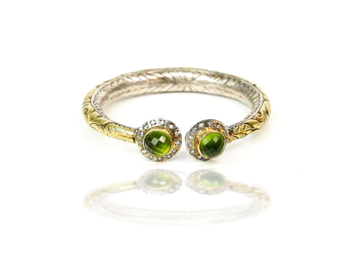 925 Silver Two Tone Chitai Bangle with Natural Green Gemstone view 1