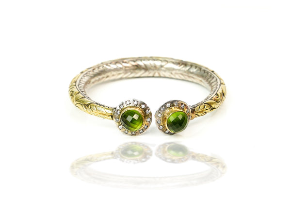 925 Silver Two Tone Chitai Bangle with Natural Green Gemstone