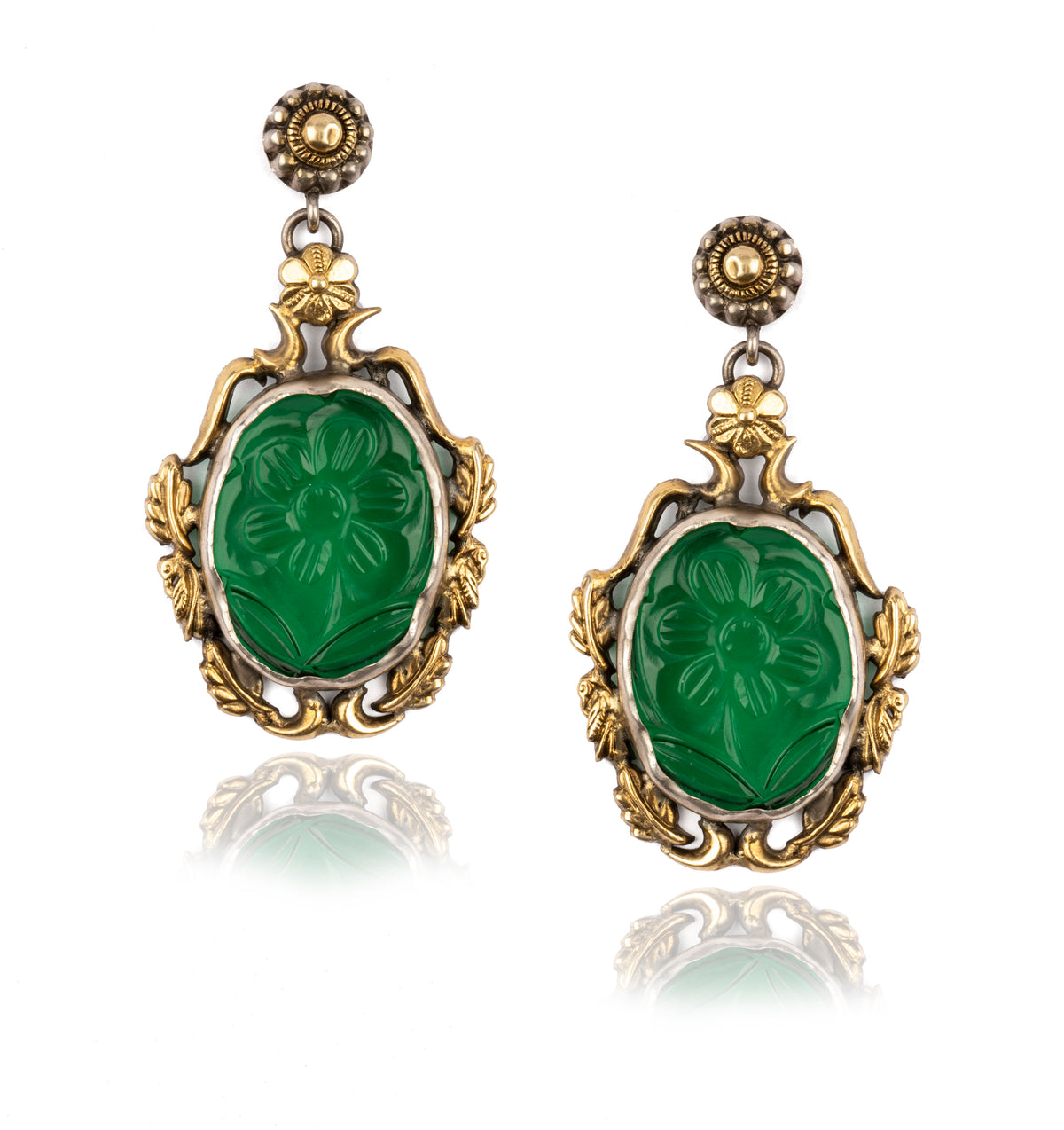 925 Sterling Silver Two Tone Earrings with Carved Stone view 1