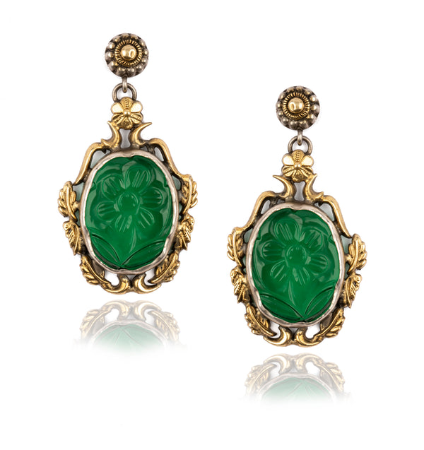 925 Sterling Silver Two Tone Earrings with Carved Stone