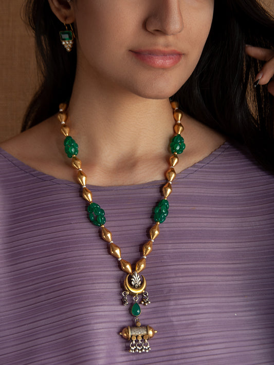 925 Sterling Silver Two Tone 22K Gold Plated Dholki Necklace With Green Onyx Gemstone and Beads