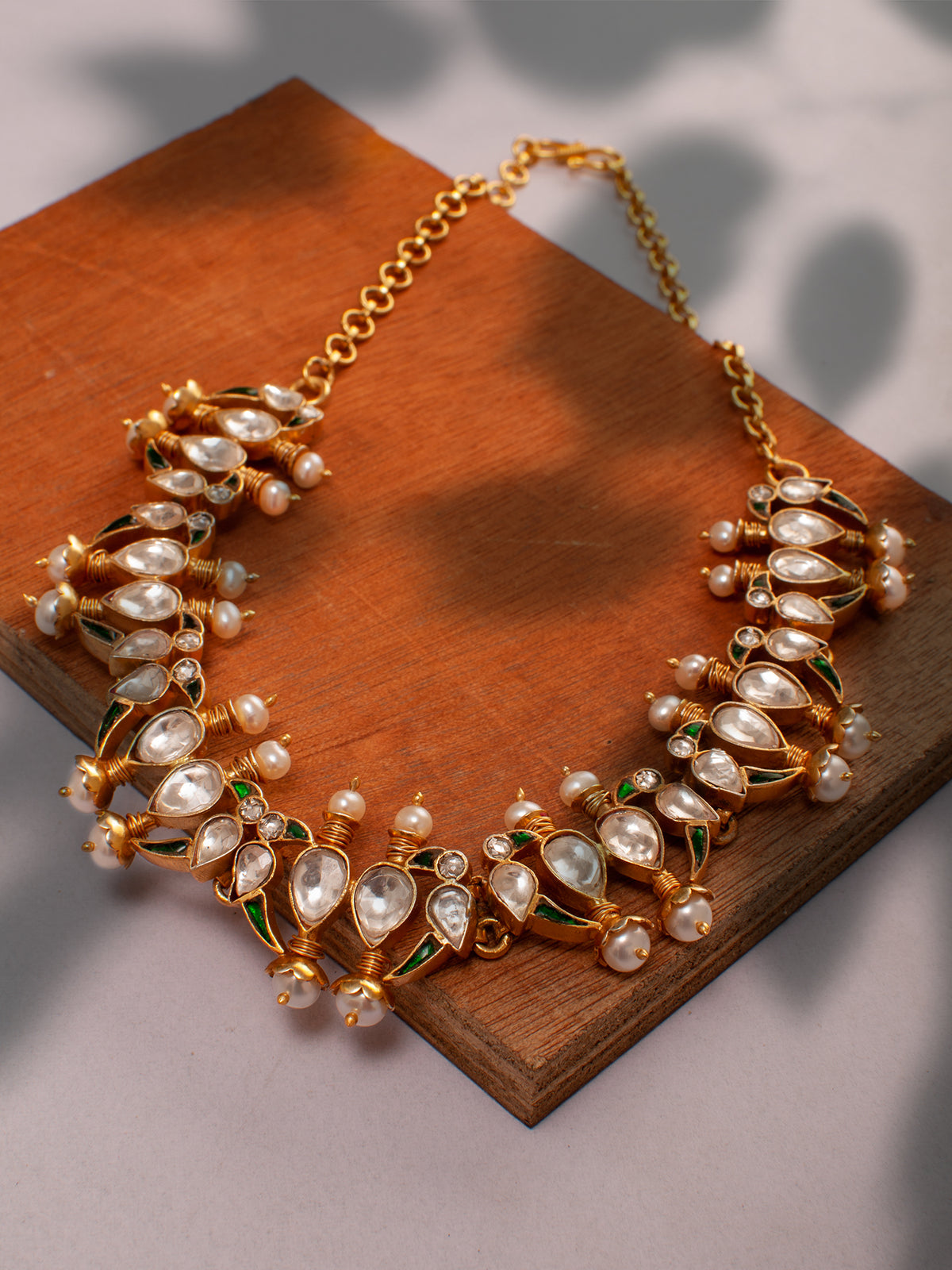 925 Sterling Silver 22K Gold Plated Parrot Necklace With White Kundan Green Kundan and Pearl view 3
