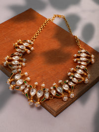 925 Sterling Silver 22K Gold Plated Parrot Necklace With White Kundan Green Kundan and Pearl view 3