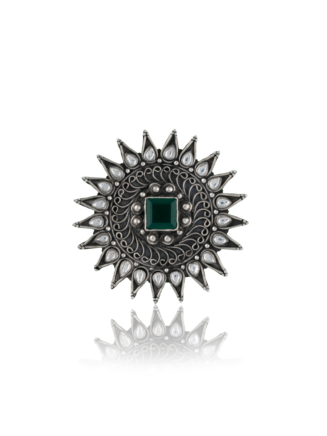 Star Silver Ring with Kundan and Green Onyx view 2