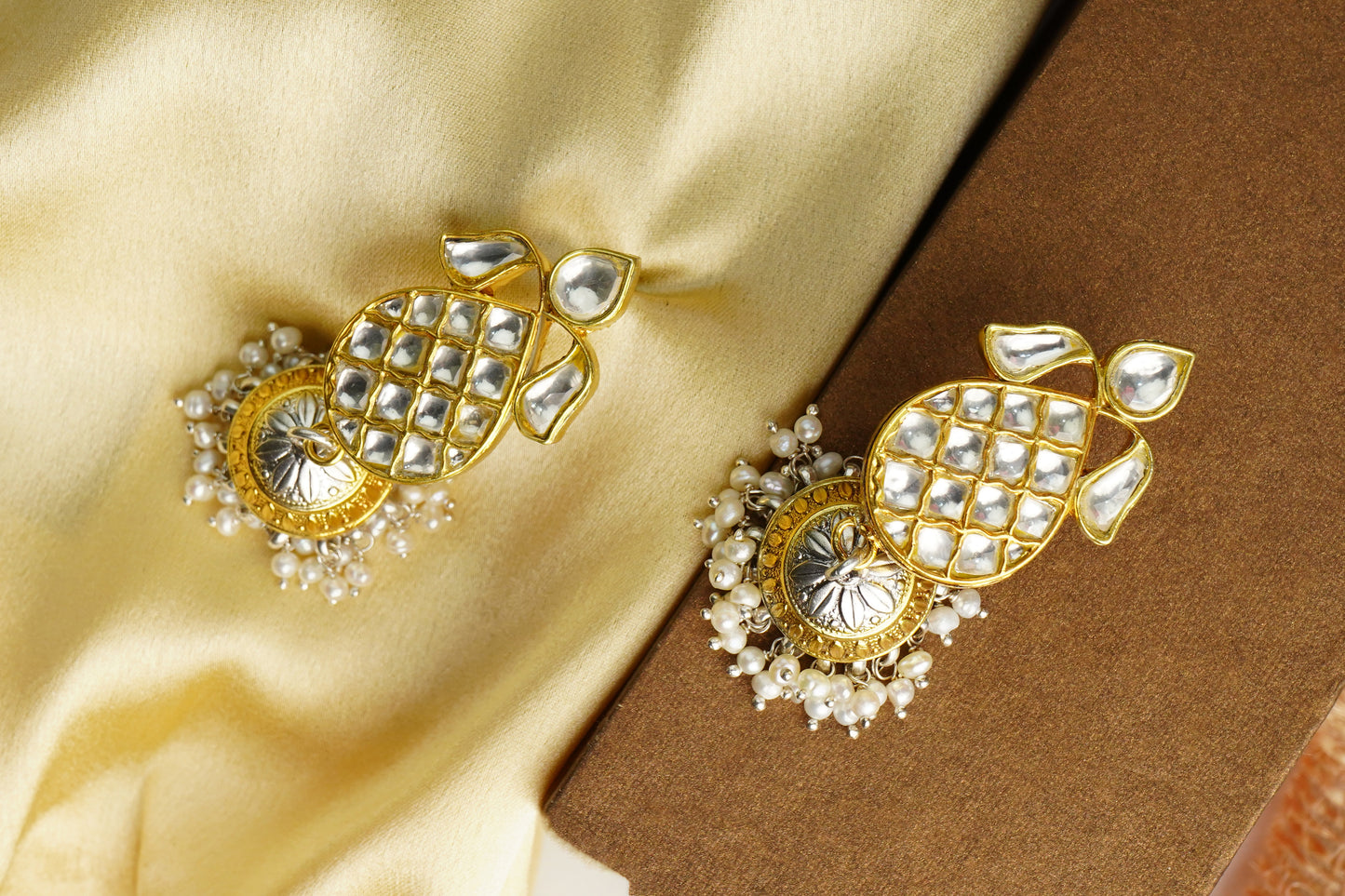 925 Silver Gold Plated Oval Jhumki Earrings with White Kundan - Neeta Boochra Jewellery