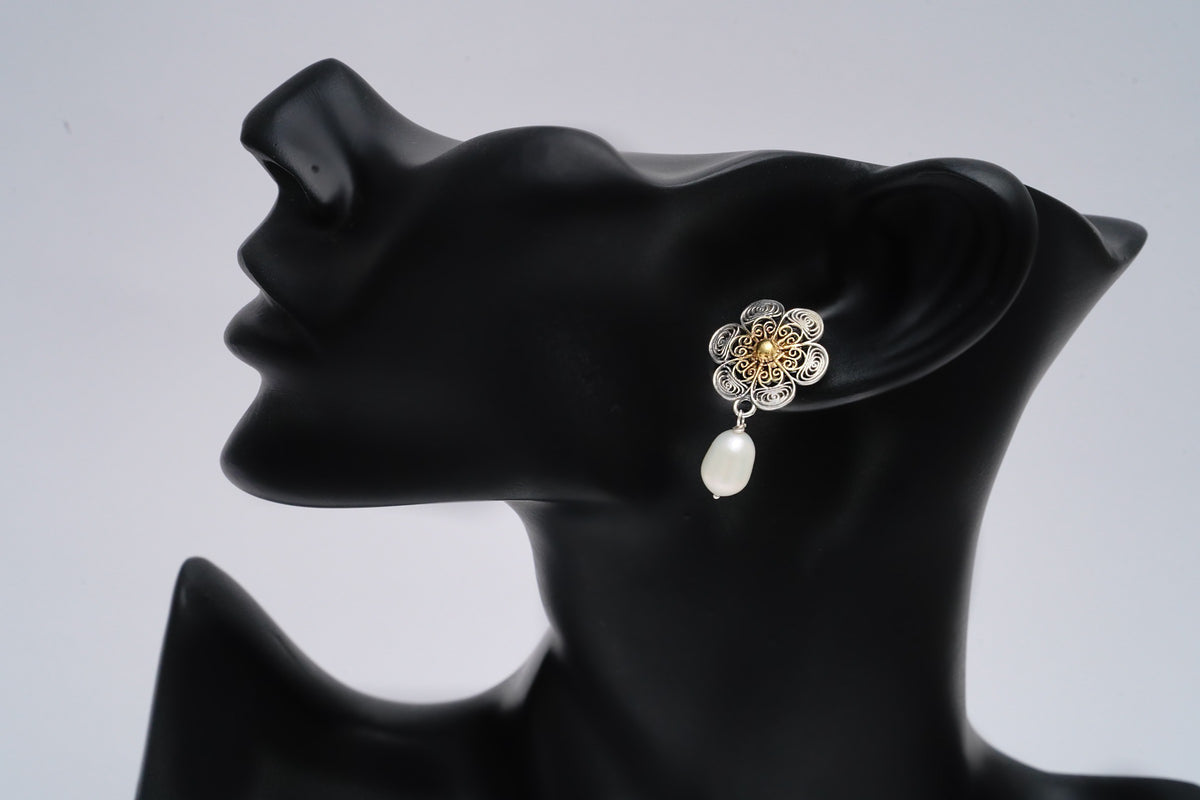 925 Silver Two Tone Earring with Pearl Drop view 4
