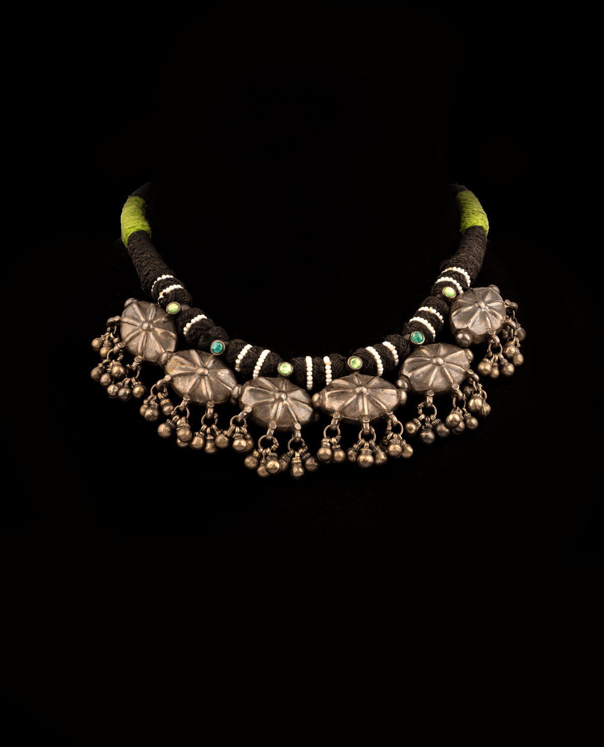 925 Sterling Silver Oxidized Necklace with Green and Black Adjustable Patwa Thread view 1