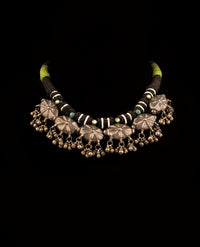 925 Sterling Silver Oxidized Necklace with Green and Black Adjustable Patwa Thread view 1