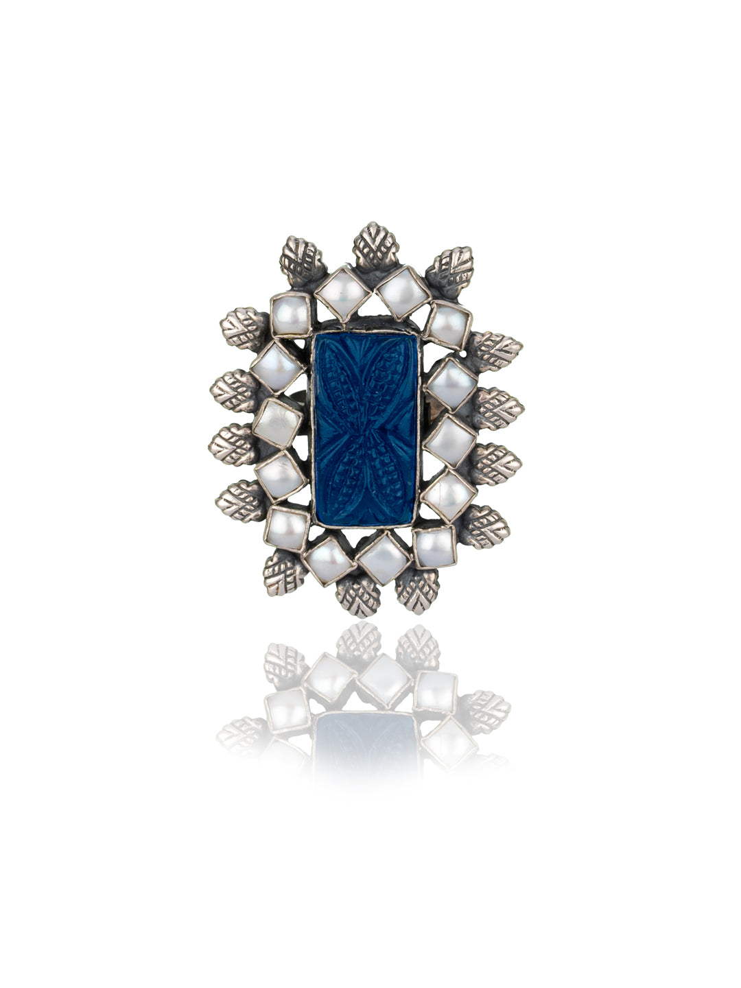 Blue Carved Stone Adjustable Ring with Pearl view 1
