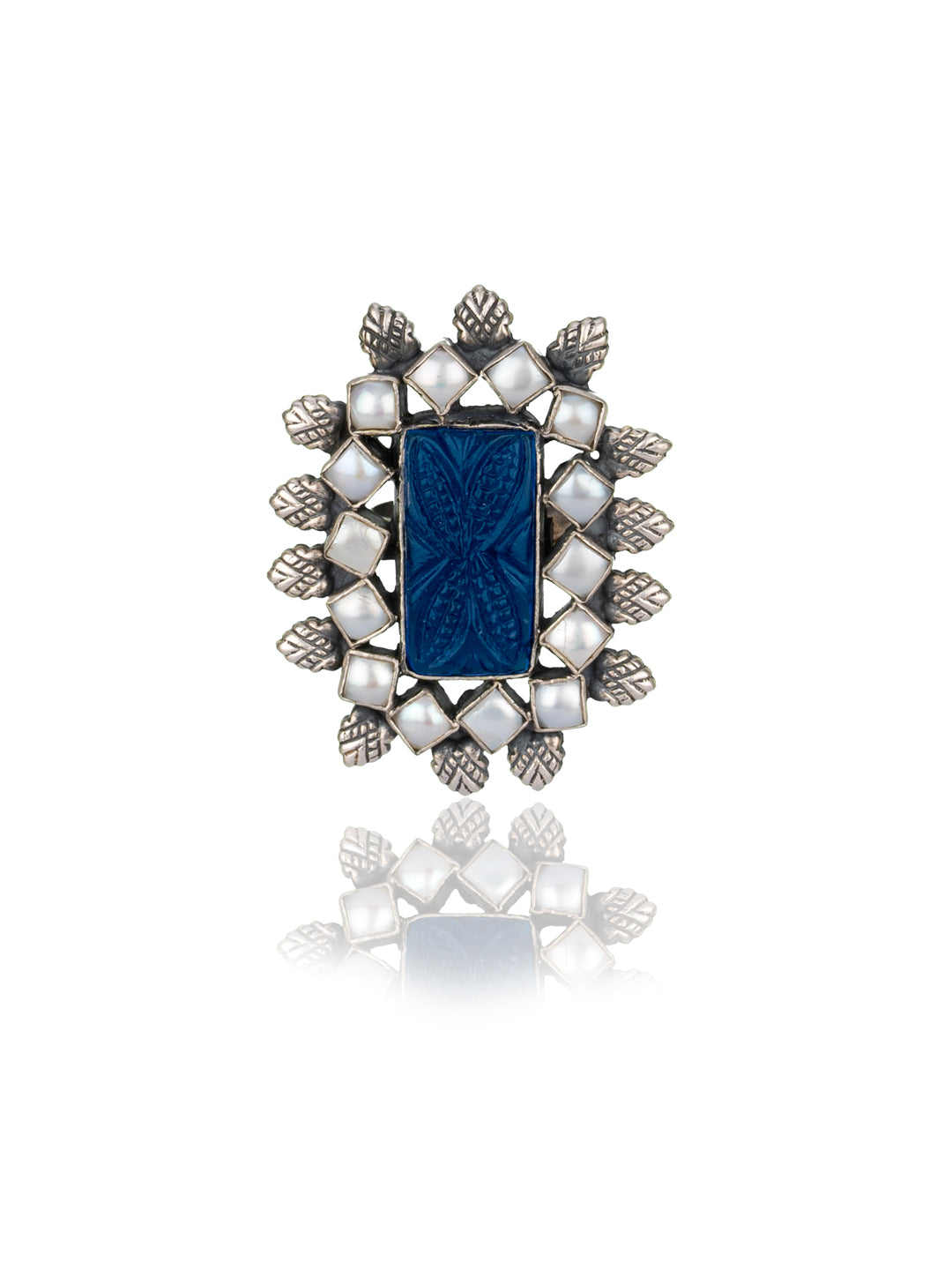 Blue Carved Stone Adjustable Ring with Pearl