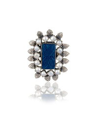 Blue Carved Stone Adjustable Ring with Pearl view 1