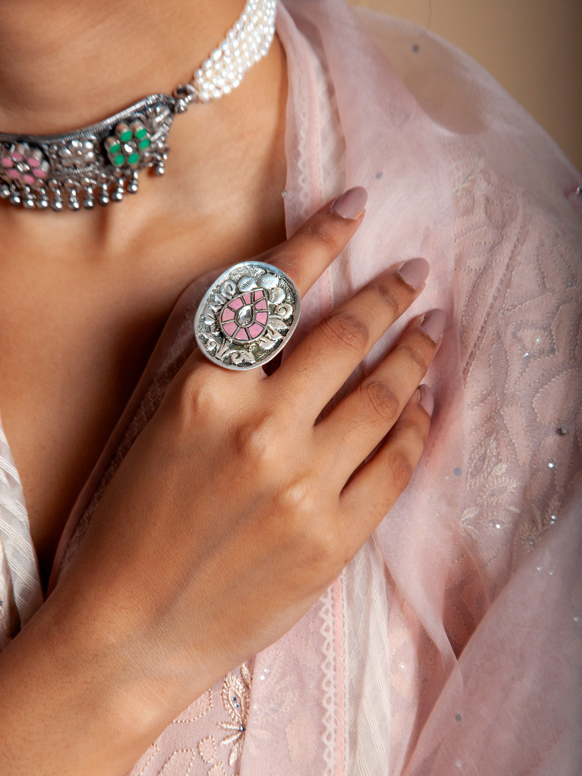 Silver Pink Pear Motif Kundan Ring view 2
