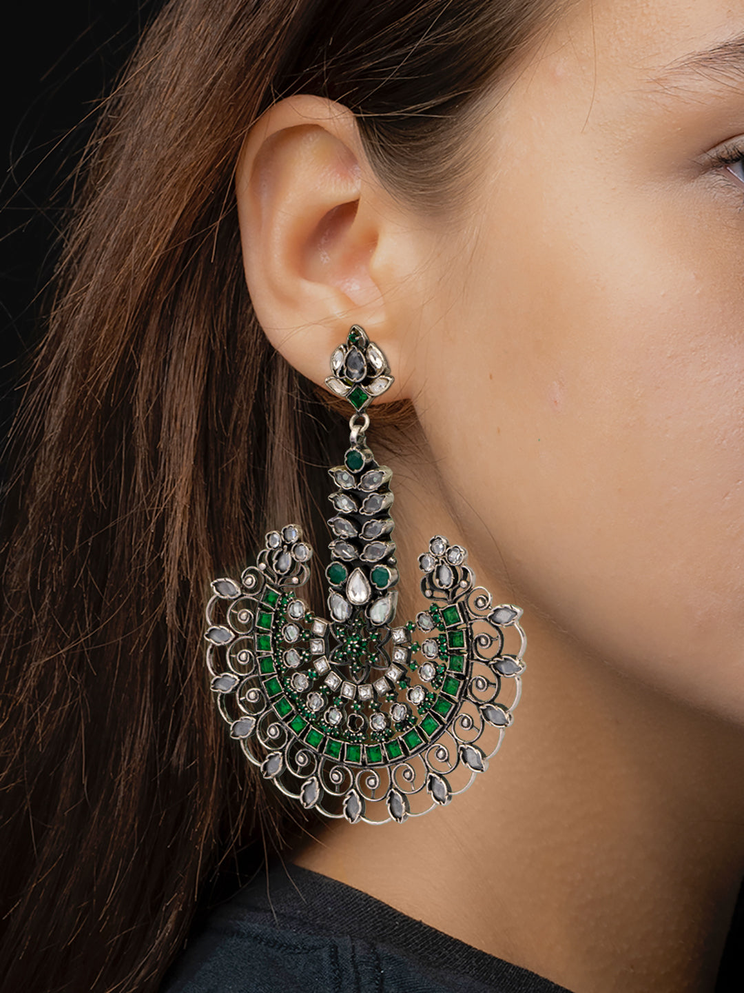 925 Sterling Silver Green and White Kundan Statement Earringss