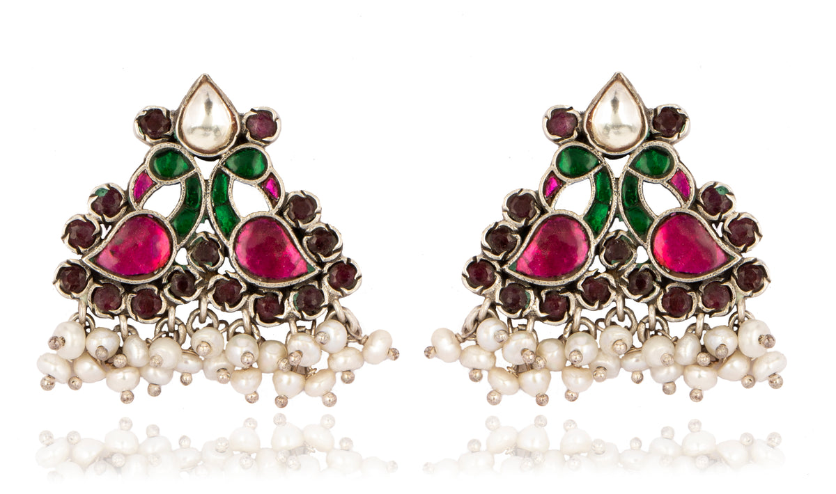 925 Sterling Silver Peacock Kundan Earrings view 1