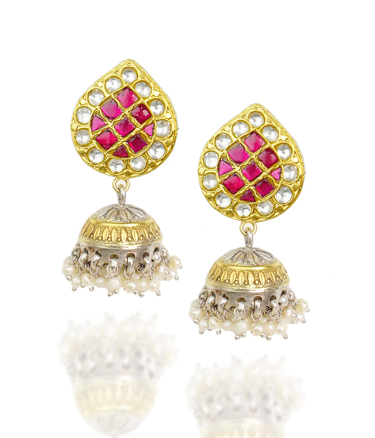 925 Silver Gold Plated White and Red Kundan Paan Jhumki Earrings view 1