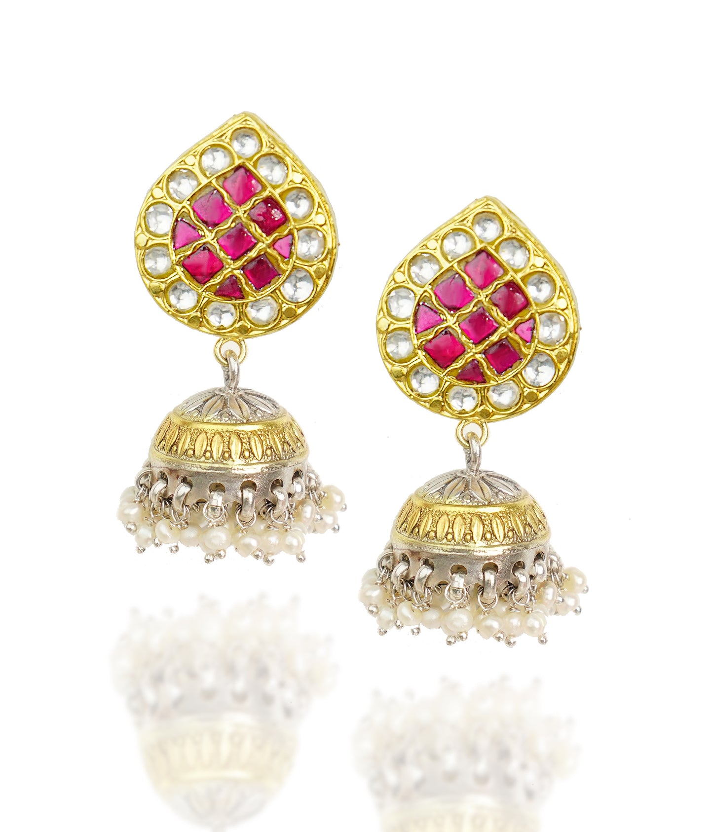 925 Silver Gold Plated White and Red Kundan Paan Jhumki Earrings