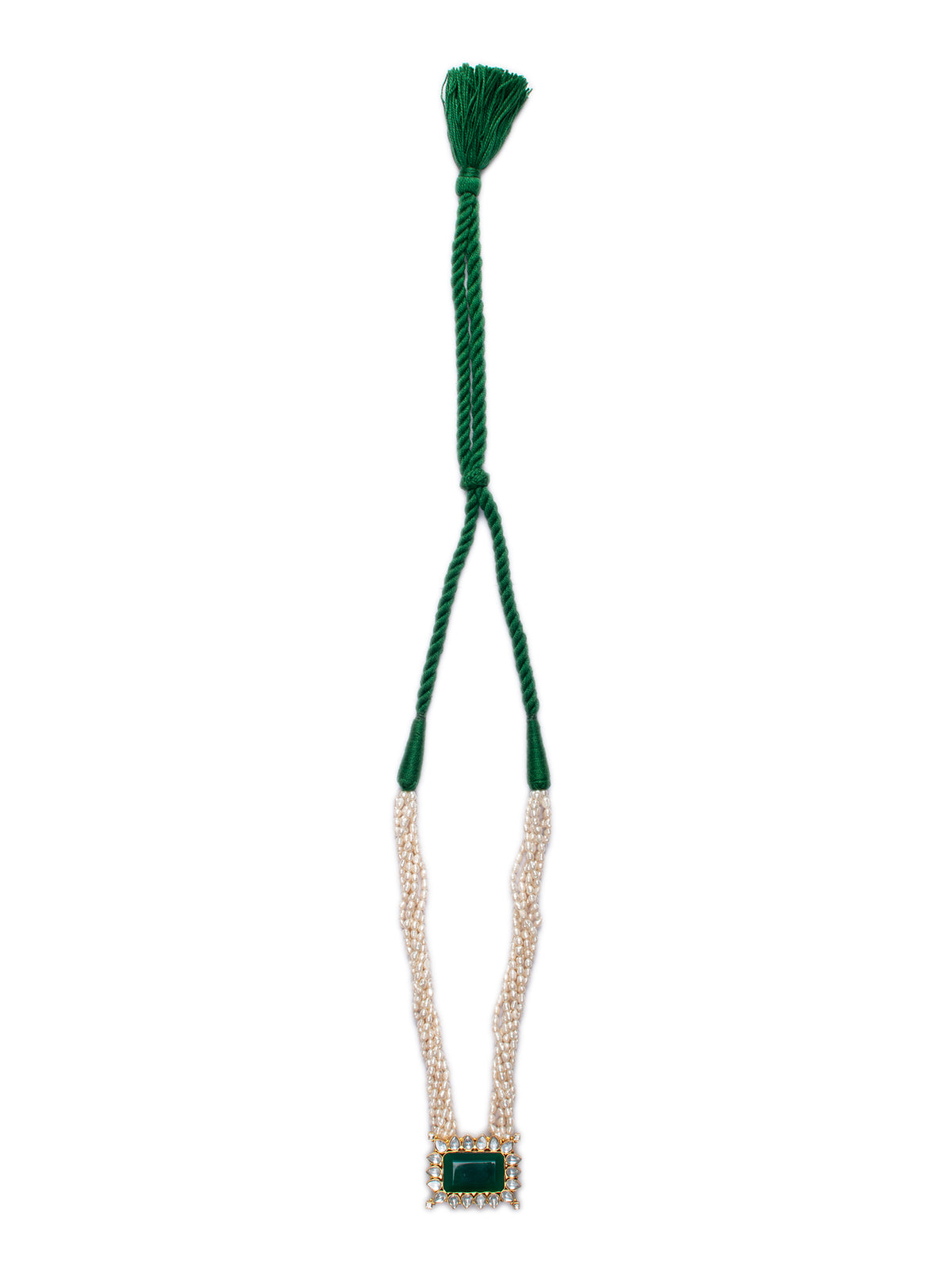925 Sterling Silver 22K Gold Plated Pearl Beaded Necklace With Green Onyx Gemstone and White Kundan view 6